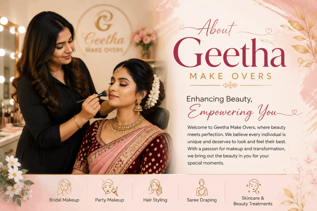 Home Geetha Make Overs professional bridal makeup artist providing bridal makeup, hair styling, and beauty services in a modern beauty studio.